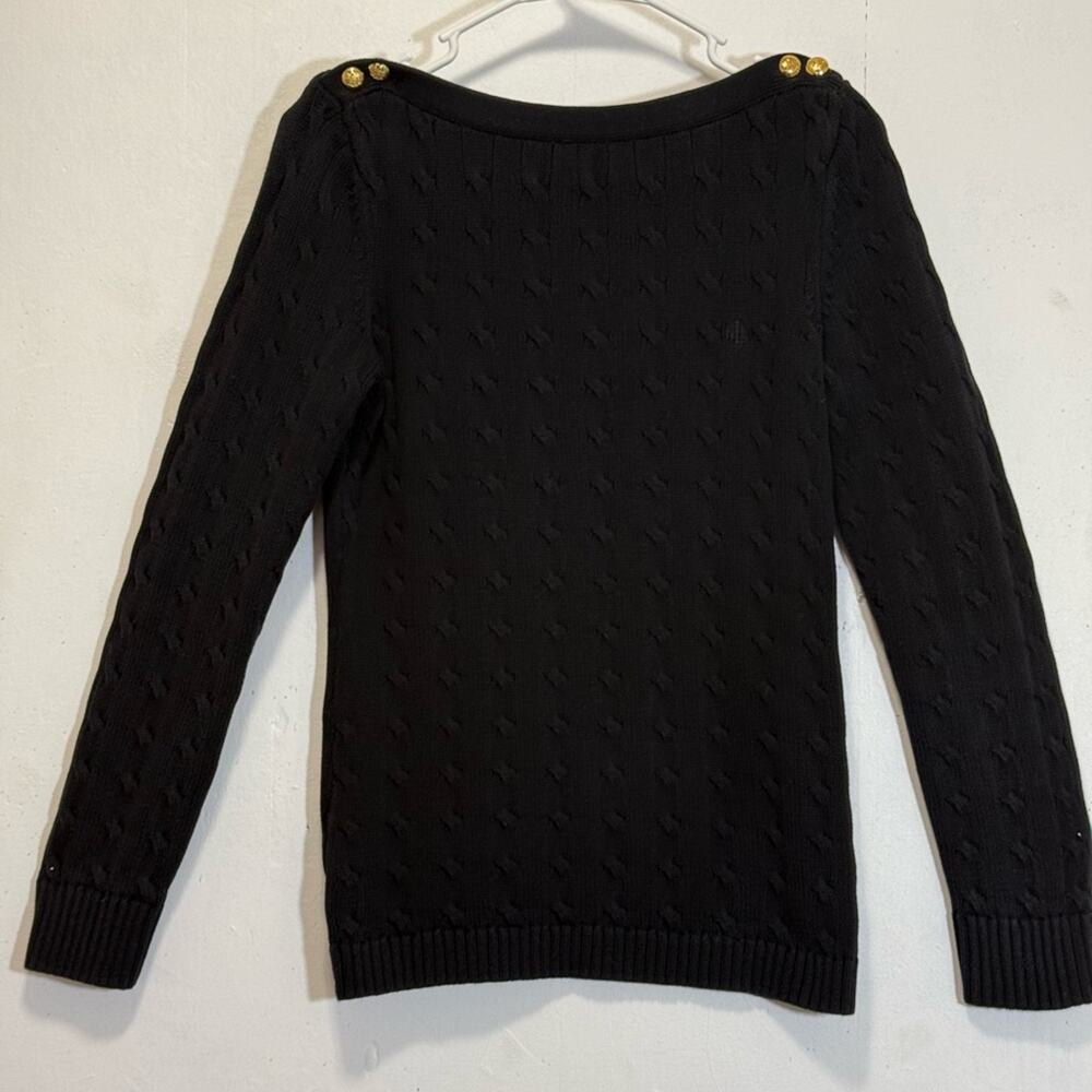 Lauren Ralph Lauren Black Cable Knit Sweater w Gold Buttons Sz M
